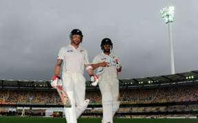 Brendon McCullum and Ross Taylor leave the Gabba.