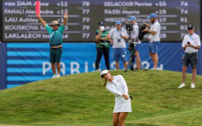 New Zealand's Lydia Ko competes during round 3 of the women’s golf individual stroke play of the Paris 2024 Olympic Games at Le Golf National in Guyancourt, south-west of Paris on August 9, 2024. (Photo by Pierre-Philippe MARCOU / AFP)