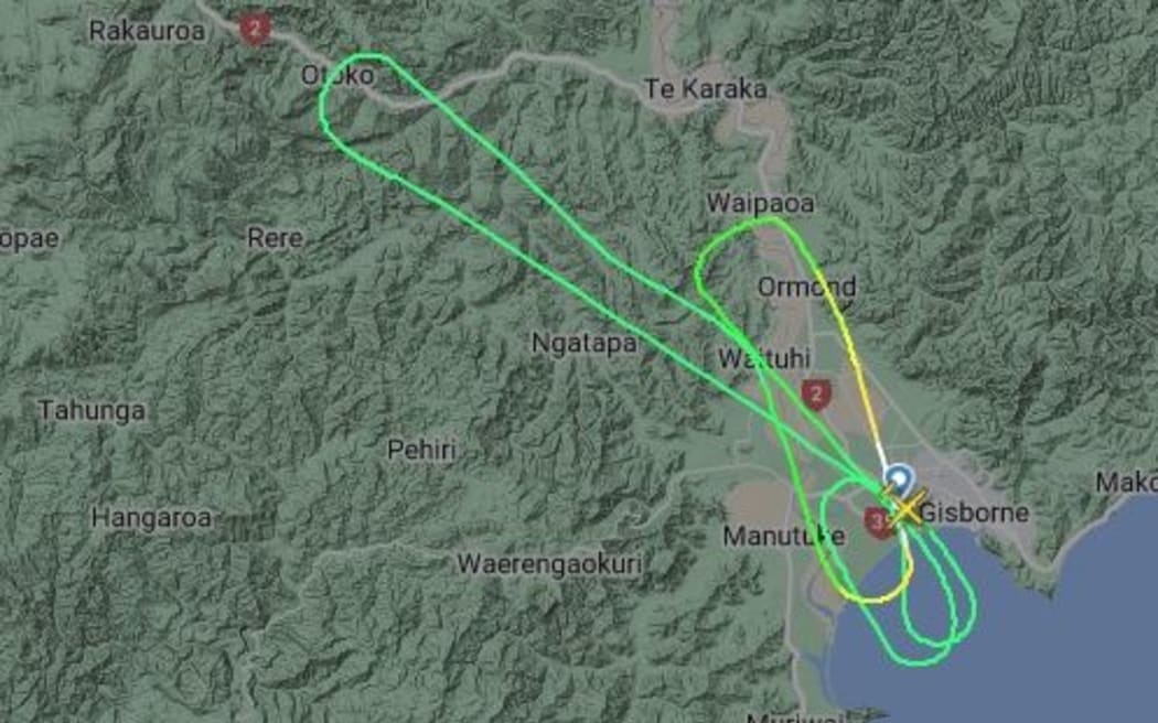 A screenshot showing Air NZ flight 5166 returning to Gisborne after an emergency was declared.