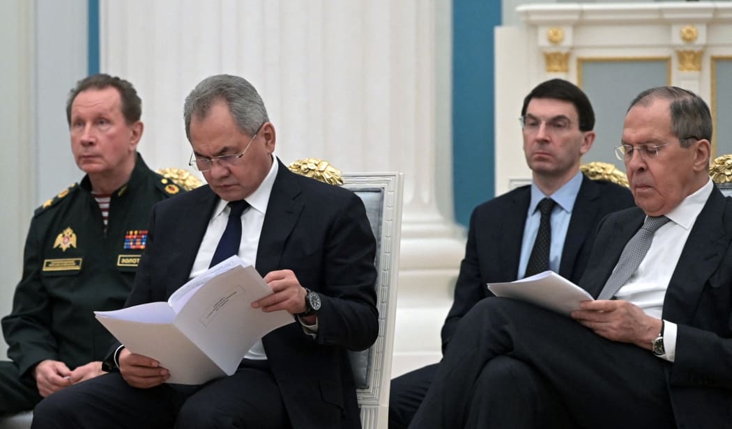 From left, Chief of Russia's National Guard Viktor Zolotov, Russian Defence Minister Sergei Shoigu, Presidential Envoy to the Central Federal District Igor Shchegolev and Russian Foreign Minister Sergey Lavrov at a meeting on 21.2.22 with Security Council members held in Moscow.