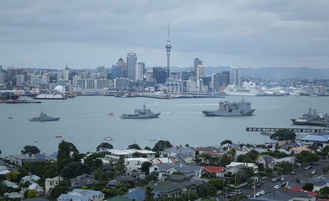 The HMNZS Canterbury and Te Mana frigates seen in Auckland harbour.