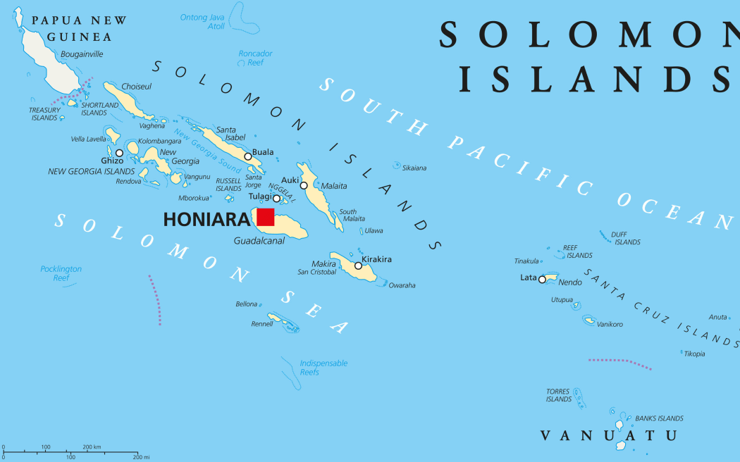 Solomon Islands political map with capital Honiara on Guadalcanal. Sovereign country consisting of six major islands in Oceania between Papua New Guinea and Vanuatu.