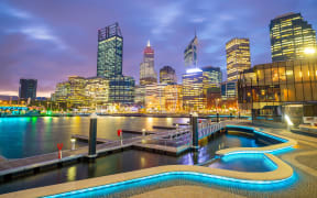 Downtown Perth skyline in Western Australia at twilight.