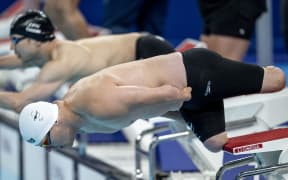 Cameron Leslie dives in for Para Swimming Men’s 100m Freestyle - S4 at the Paris La Defense Arena at the Paris 2024 Paralympic Games.