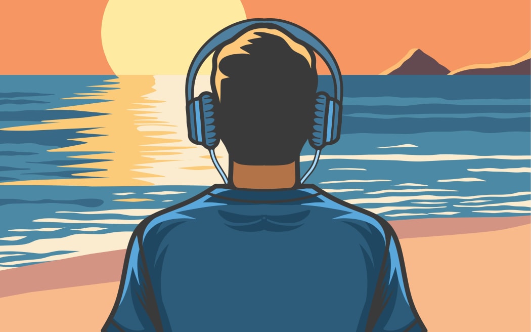 An illustration of someone sitting cross legged on a beach wearing headphones listening to music.