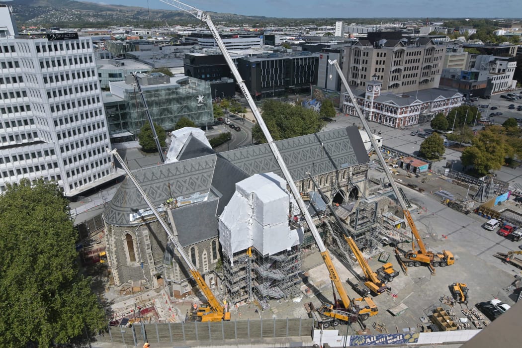 Work being done on the north side of Christ Church Cathedral in March 2022.