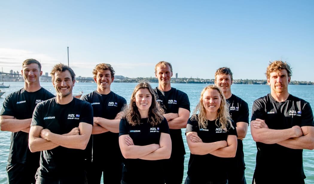 (L-R) Louis Sinclair, Blair Tuke, Andy Maloney, Erica Dawson, Josh Junior, Liv Mackay, Marcus Hansen and Peter Burling.
New Zealand Sail GP team announcement on Wednesday 3rd February 2021 in Auckland, New Zealand.
Copyright photo: Supplied / SailGP