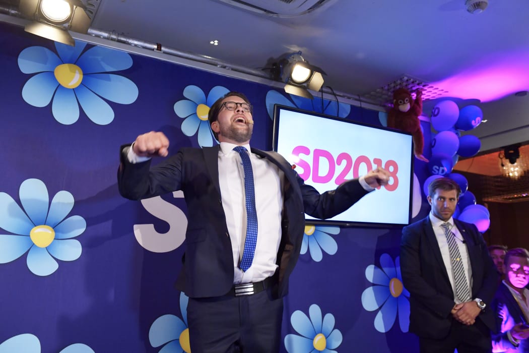 Sweden Democrats leader Jimmie Akesson addresses party election workers at the Kristallen restaurant in central Stockholm on September 9, 2018.