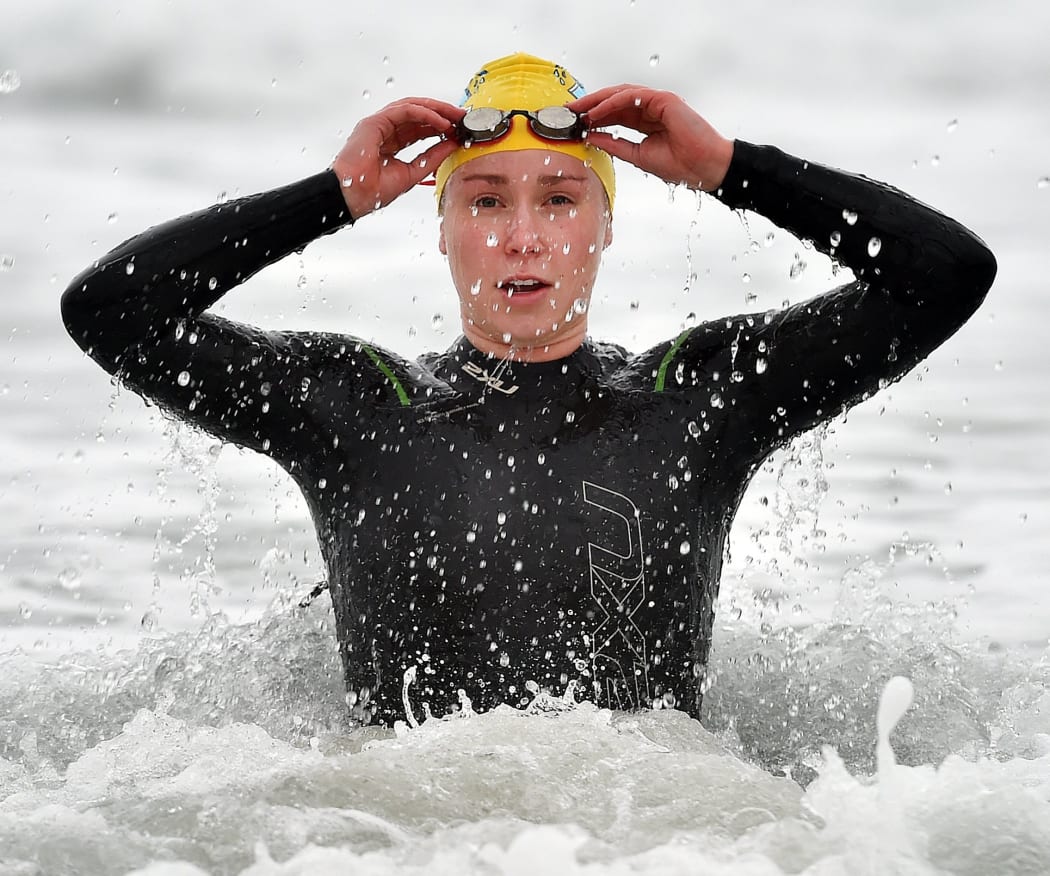 University of Otago student Hannah Morgan training at St Kilda in August 2018 for her swim across Foveaux Strait.