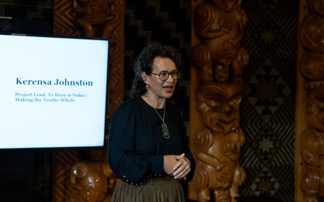 Wakatū Incorporation chief executive Kerensa Johnston speaking at Te Āwhina Marae in Motueka on 9 April, 2024.