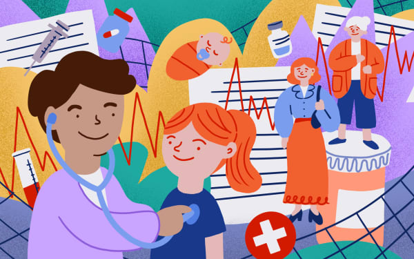 Illustration of GP and the same patient throughout different ages.