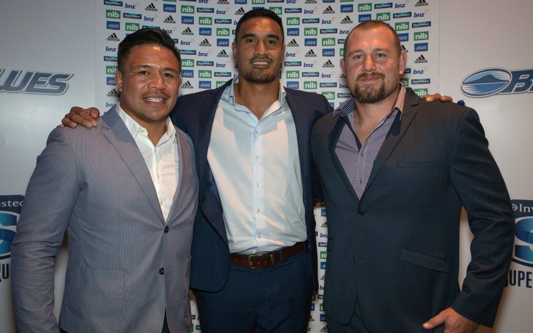Jerome Kaino, centre, alongside the Blues two other most-capped players, Keven Mealamu, left, and Tony Woodcock.
