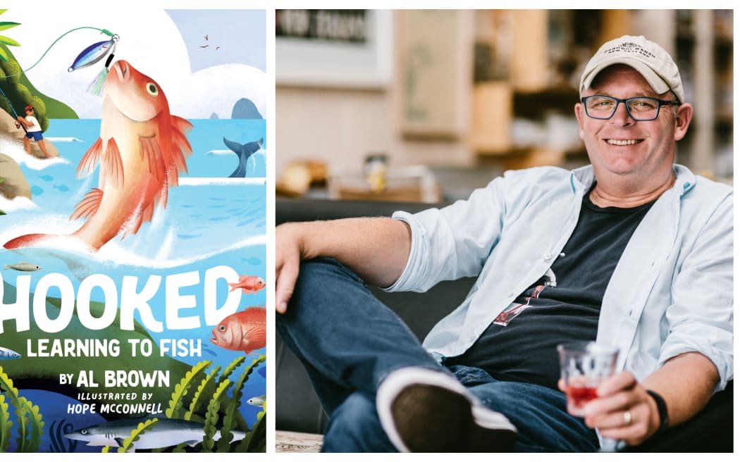 Illustrated sover of fishing book "Hooked" with graphic of fish jumping out of the water alongside author Al Brown sitting with ankle over knee in cap holding a glass