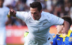 Joel Stevens flies through the air as he is tackled by Eduard Sobol during the FIFA U20 World Cup match, New Zealand Junior All Whites v Ukraine.