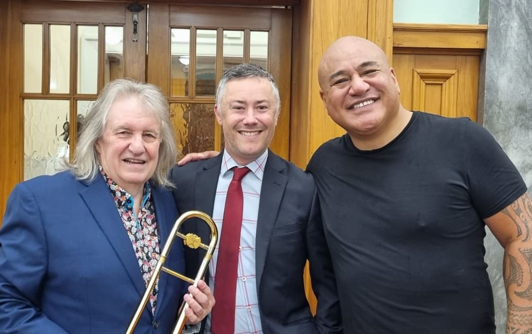 Rodger Fox, Nick Tipping and King Kapisi at Parliament House May 2023