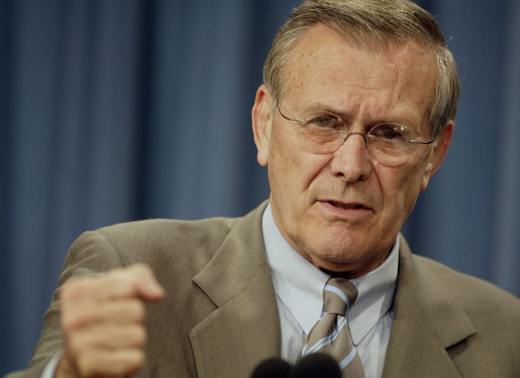 In this file photo taken on March 31, 2002 US Secretary of Defense Donald Rumsfeld briefs the press at the Pentagon 01 April 2002.