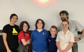 Nanogirl (left) with students from Cobham Intermediate and Professor David Wiltshire from the University of Canterbury (right)