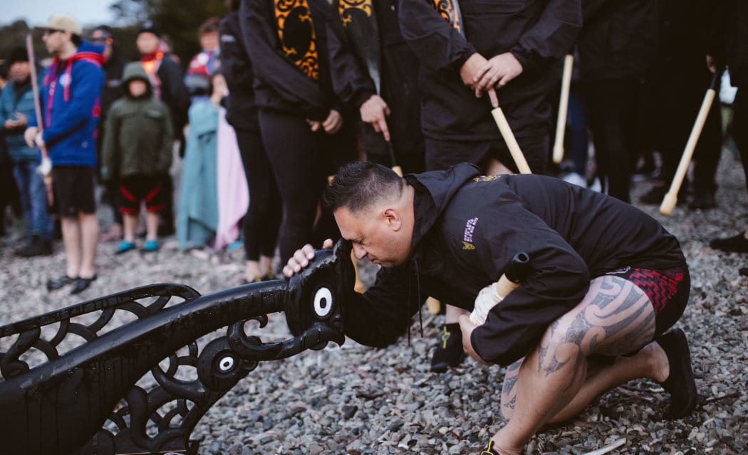Kiley Nepia, launching the Ngāti Apa iwi waka, Te Haeata, at Lake Rotoiti in 2019.