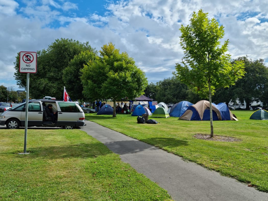 Tents set up in Cranmer Square, Christchurch, in an anti-mandate protest, 16 February 2022.