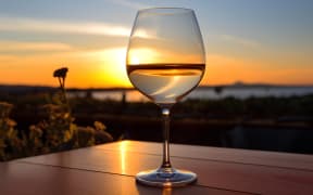 A wine glass of water at sunset