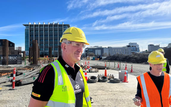 New Crusaders head coach Rob Penney speaks to media during a Te Kaha site tour.