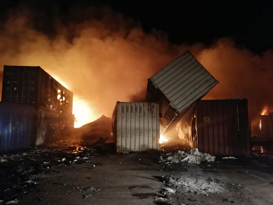 Containers on fire at Syria's Latakia port after what Syrian Arab News Agency described as an Israeli air strike early on 28 December, 2021.