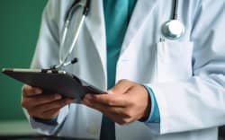 Generative AI : Doctor holding stethoscope and touching on screen of digital tablet computer close up EHRs Electronic Health Record system EMRs Electronic Medical Record system e h