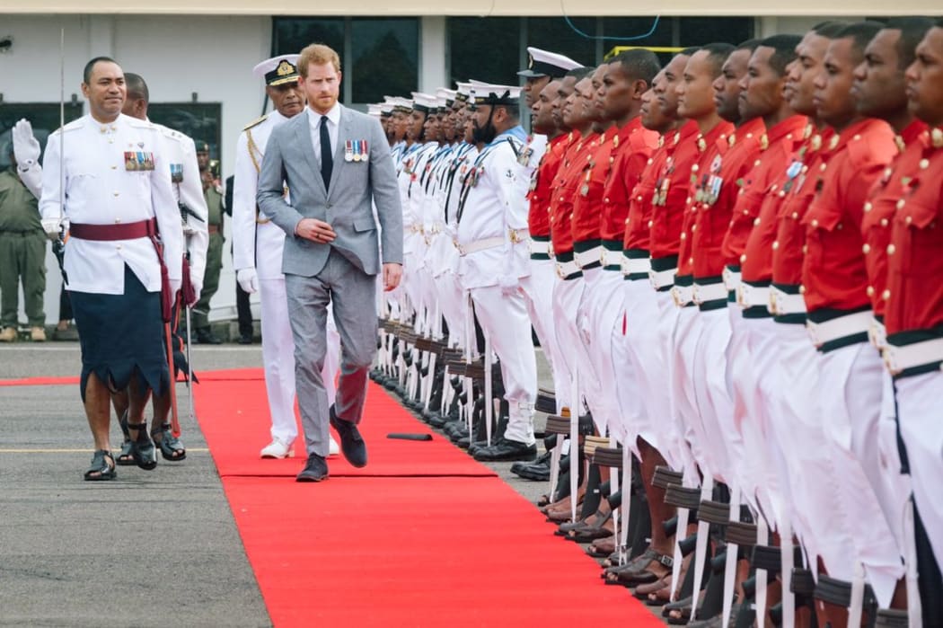 The Duke of Sussex inspected a Guard of 100 Fijian soldiers, made up of representatives from the Army and Navy, on arrival in Fiji.