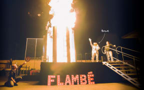 Brent about to try the flaming dunk tank.