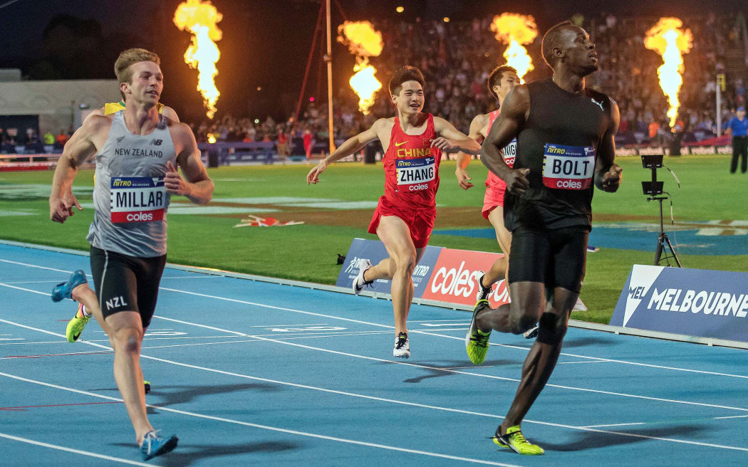 Usain Bolt heads off New Zealand sprinter Joseph Millar at a recent meet in Melbourne.