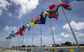National flags in Nauru for the Pacific Islands Forum.