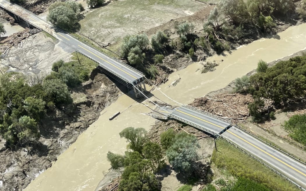 A damaged bridge seen during a flight over Gisborne after Cyclone Gabrielle.