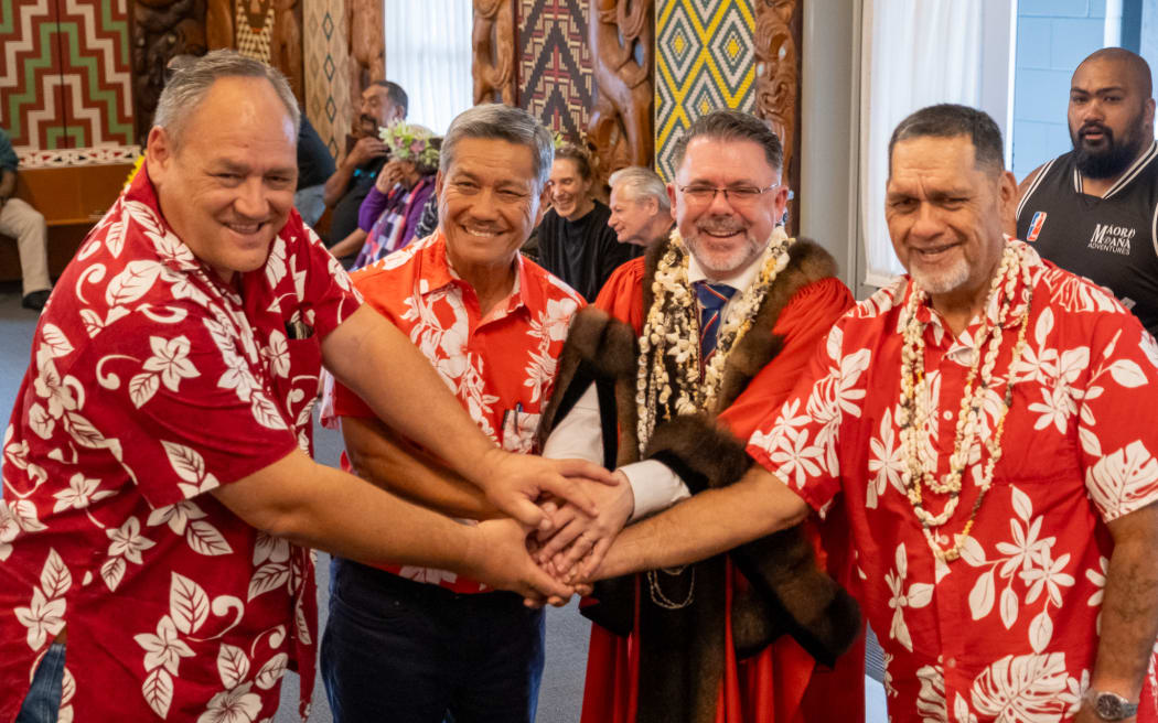 Sealing the twin city relationship are, from left, Matahi Brotherson, Tavana (Mayor) of Uturoa; Thomas Moutame, Tavana of Taputapuatea; Vince Cocurullo, Mayor of Whangārei; and Cyril Tetuanui, Tavana of Tamarau.