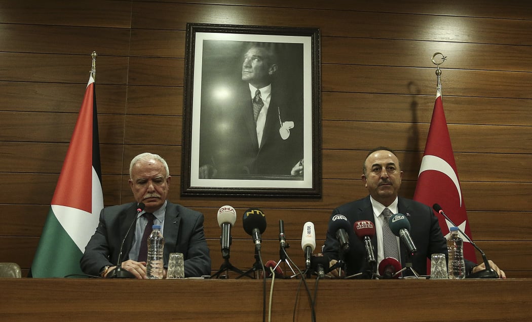 Palestinian Foreign Minister Riyad Al-Maliki and Turkish Foreign Minister Mevlut Cavusoglu hold a press conference in Turkey ahead of their departure for the UN General Assembly in New York.