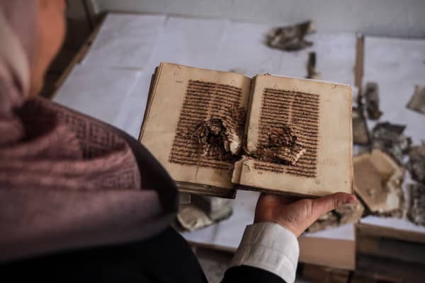 A damage book found in the debris of the Great Omari Mosque in Gaza City.
