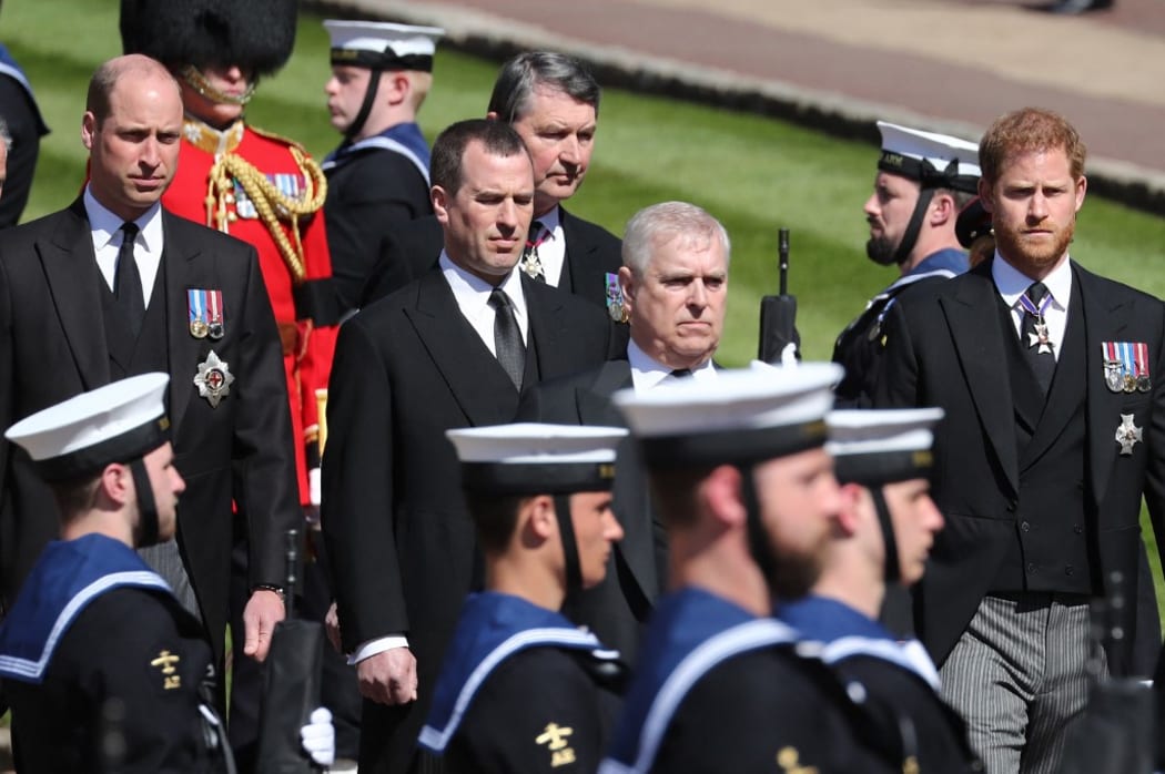 Prince William, (L), Britain's Prince Andrew, Duke of York, (2R) and Britain's Prince Harry, Duke of Sussex, (R) follow the coffin