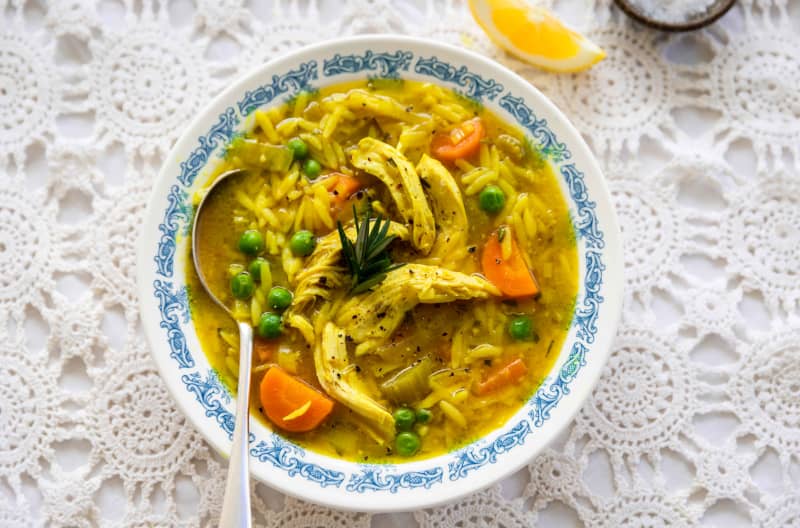 Chicken risoni soup with turmeric and lemon by Kelly Gibney.