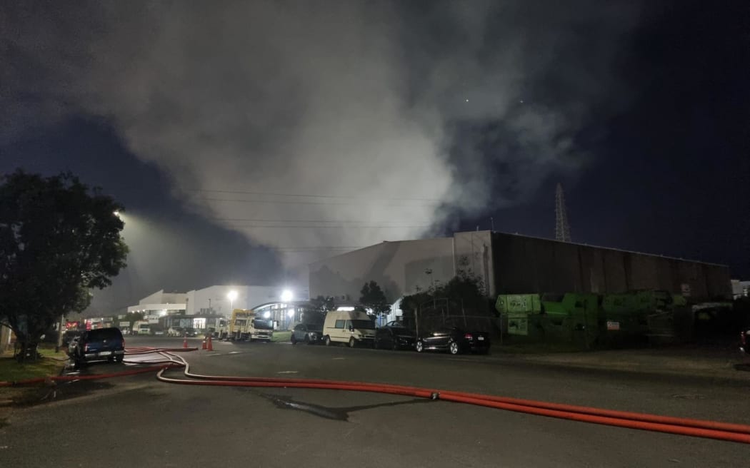 Smoke billowing from a fire at a rubbish and recycling plant in Auckland on 8 February, 2024.