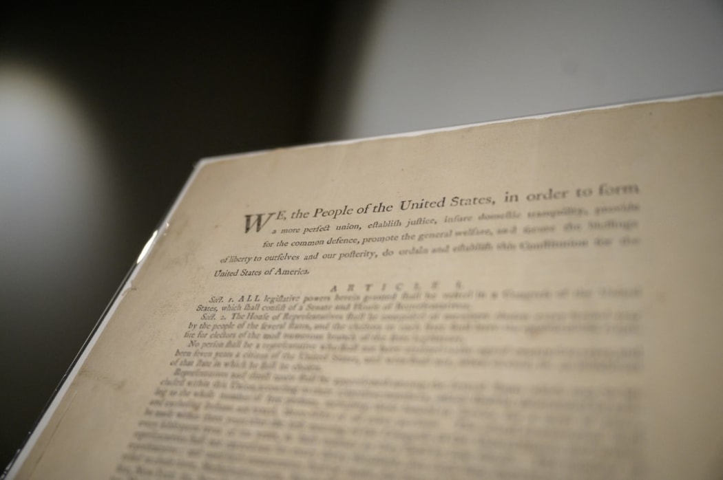 A page of the first printing of the United States Constitution on display at Sotheby's auction house in New York.