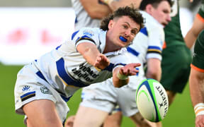 High School Old Boys Rugby Club’s Taine Cordell-Hull passes during the Under 85kg NZ club rugby final, 2024.