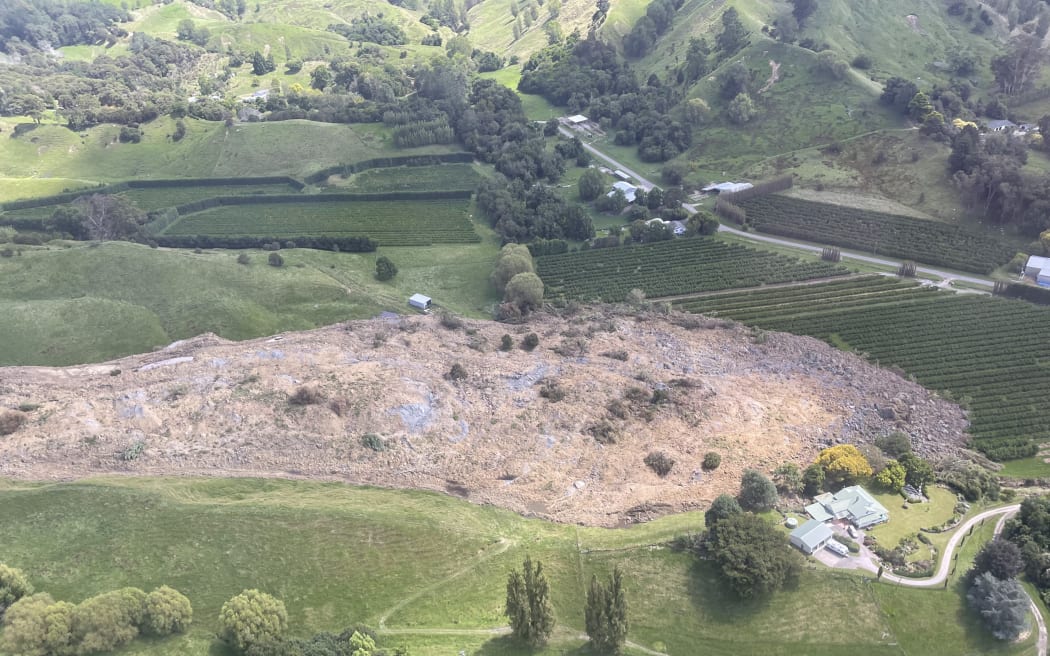 A massive slip seen from a Civil Defence fly over areas near Gisborne, as experts assessed the damage from Cyclone Gabrielle, on 18 February, 2023.