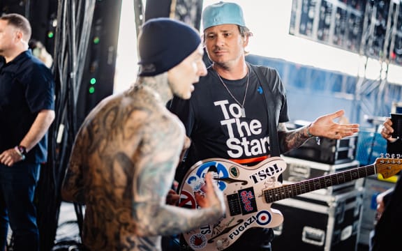 Travis Barker and Tom DeLonge of Blink-182 performs at the Sahara Tent during the 2023 Coachella Valley Music and Arts Festival on April 14, 2023 in Indio, California.
