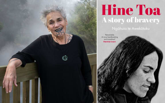 A composite picture of, left, Ngāhuia te Awekōtuku (Te Arawa, Ngāpuhi, Waikato) stands by a wooden railing in nature and, right, the cover of her book titled 'Hine Toa: A Story of Bravery'.