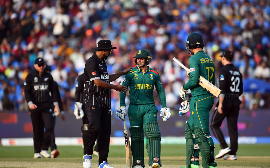 South Africa's Quinton de Kock after scoring a century against New Zealand at the 2023 Cricket World Cup in Pune.