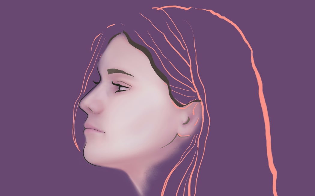 A illustration of a blank-faced girl in profile against a purple background.