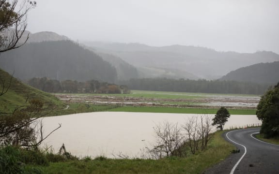 Tolaga Bay, heavy rain forced piles of wood onto farmland.