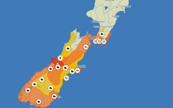 A screenshot of a map of New Zealand shows the areas that will be impacted by severe weather.