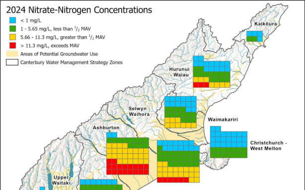 Mapping of nitrate-nitrogen samples by concentration shows that the Ashburton region had the highest nitrate concentrations, similar to previous years’ surveys.