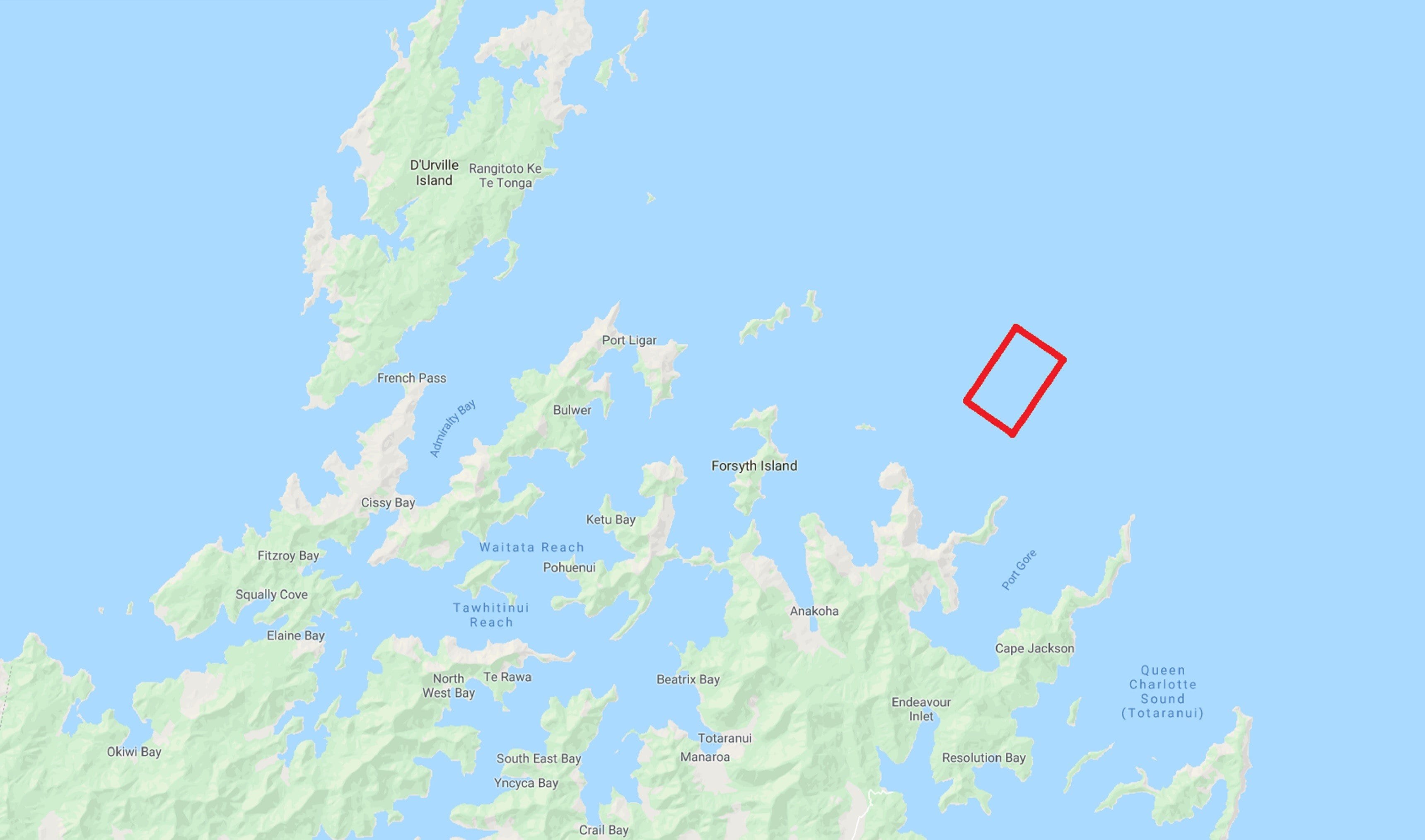 Highlighted in red is NZ King Salmon's proposed 1792-hectare farm.