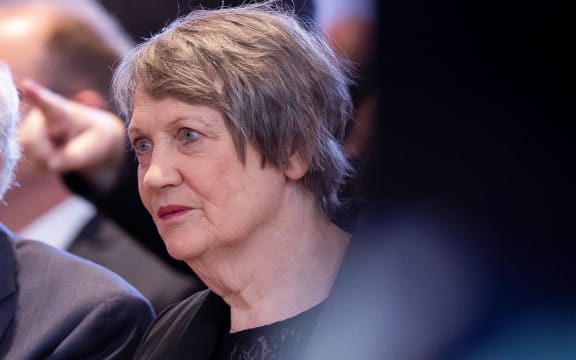New Zealand's former prime ministers Geoffrey Palmer (L) and Helen Clark (R) attend the State Memorial Service for Britain's Prince Philip, Duke of Edinburgh at the Wellington Cathedral of St Paul on April 21, 2021. (Photo by ROBERT KITCHIN / POOL / AFP)